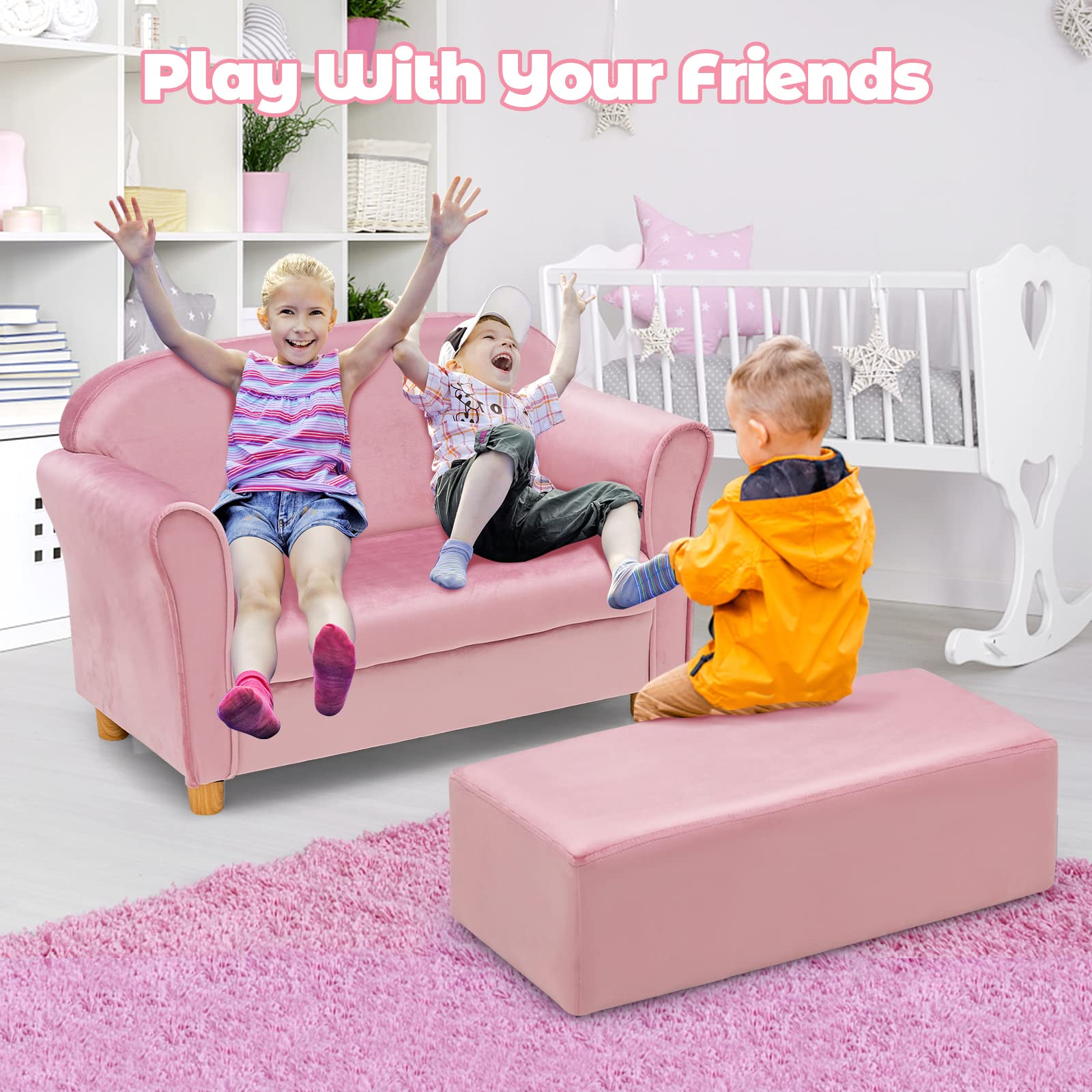 INFANS Kids Sofa with Ottoman, 2 Seat Toddler Upholstered Couch, Children Armrest Chair Lounge for Nursery Kindergarten Kids Room Boys Girls, Sturdy Wood Construction Velvet Surface (Pink, 2 Seats)