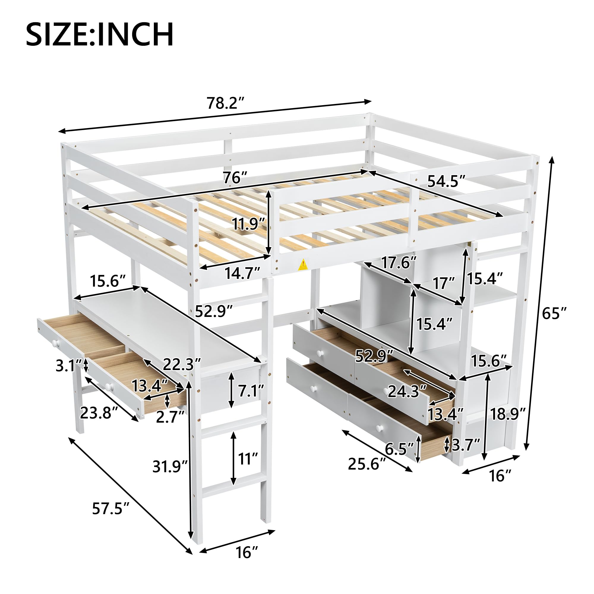 Full Loft Bed with Desk and Storage Cabinet, Wood Full Size Loft Beds Frame with Bookcase and Shelves, Modern Full Loft Bed for Kids Teens Adults Boys Girls (Loft Bed Full Size, White)