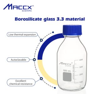 Maccx 17oz (500ml) Glass Round Media Storage Bottles,Pack of 6, Heavy-duty Borosilicate Glass Bottle with GL45 Screw Cap, GL45RB500-006