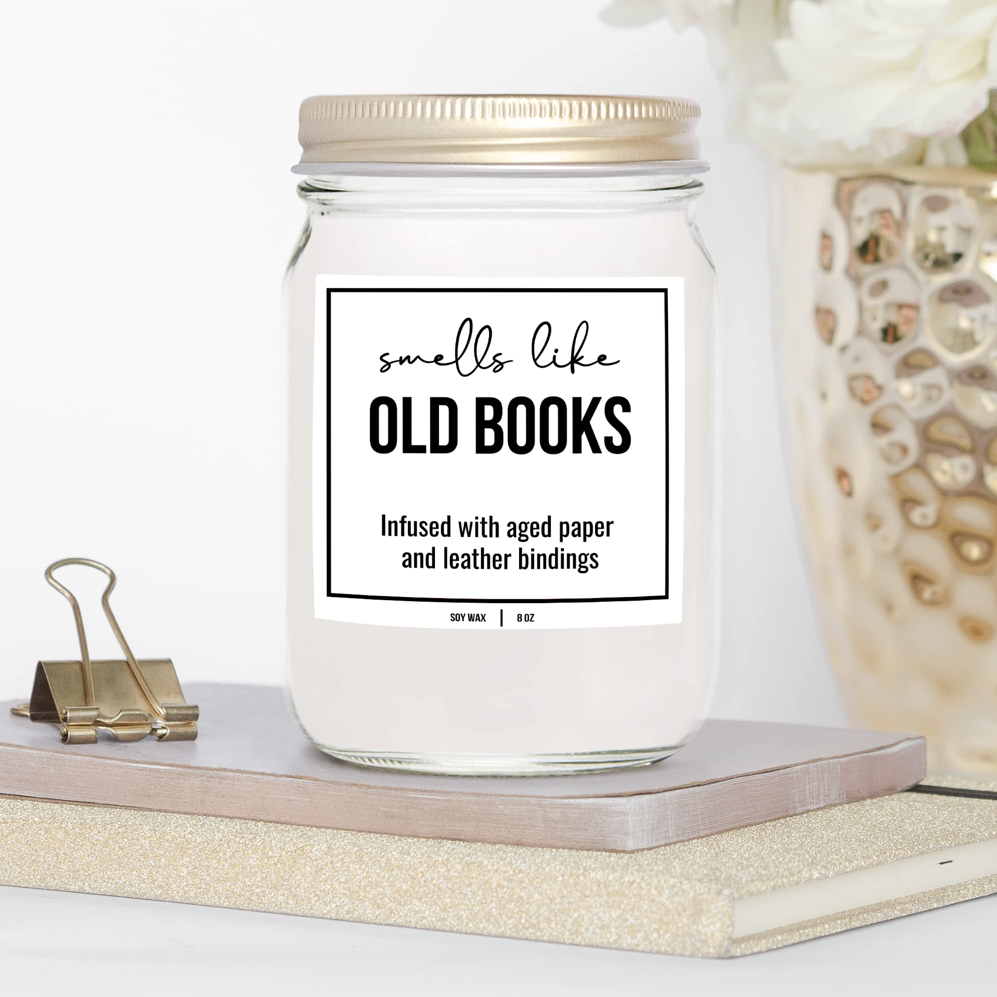 YouNique Designs Book Lovers Candle - White Soy Candles for Home Scented Book Lovers Gifts for Women, Funny Book Candles Gifts for Women, 8 oz, Old Books Scented Candles