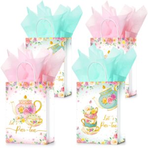 16 pcs tea party gift bags with tissue paper pink and green tea party goodie treat bags spring themed bags tea baby girl paper bags floral tea party supplies for girl kid birthday baby shower party