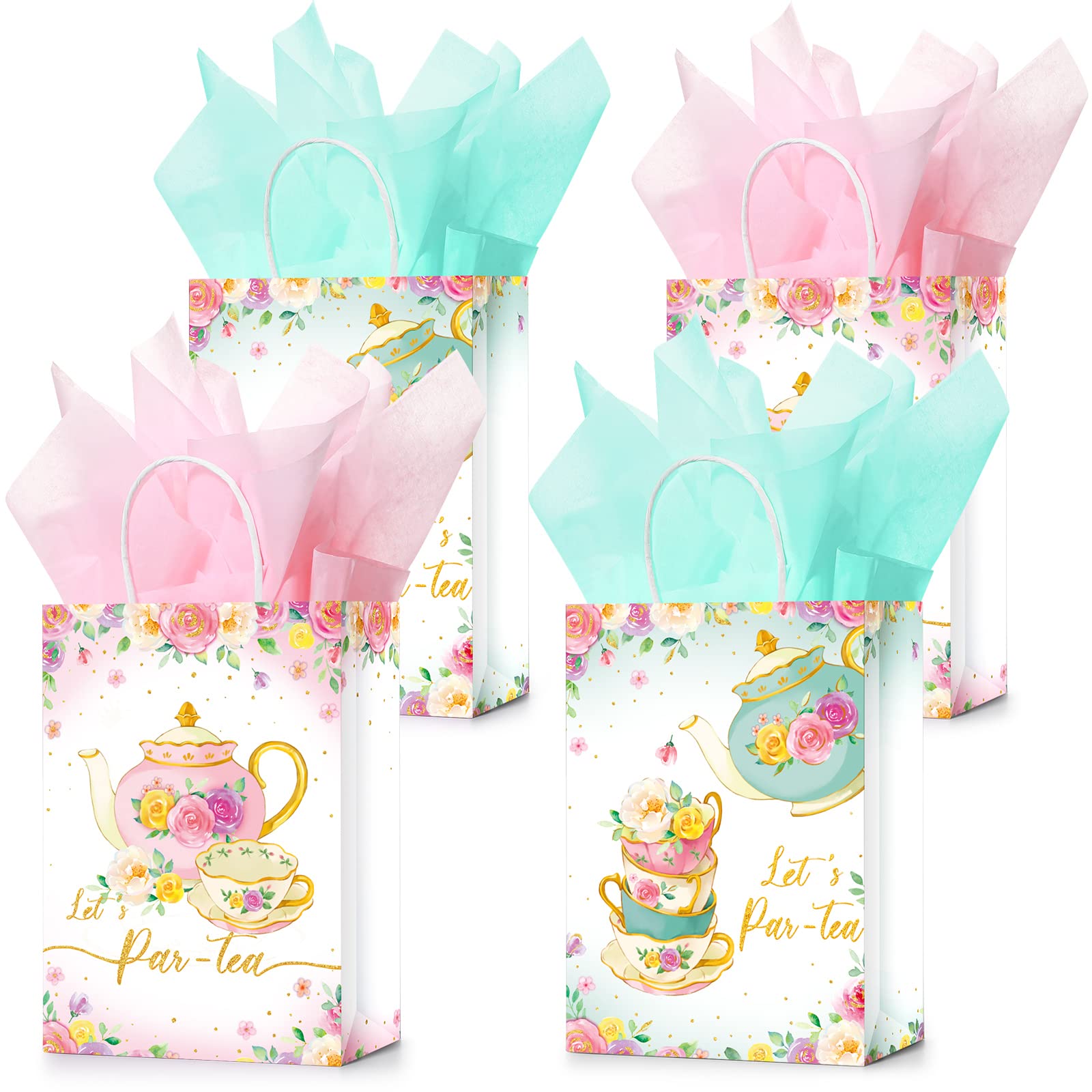 16 Pcs Tea Party Gift Bags with Tissue Paper Pink and Green Tea Party Goodie Treat Bags Spring Themed Bags Tea Baby Girl Paper Bags Floral Tea Party Supplies for Girl Kid Birthday Baby Shower Party