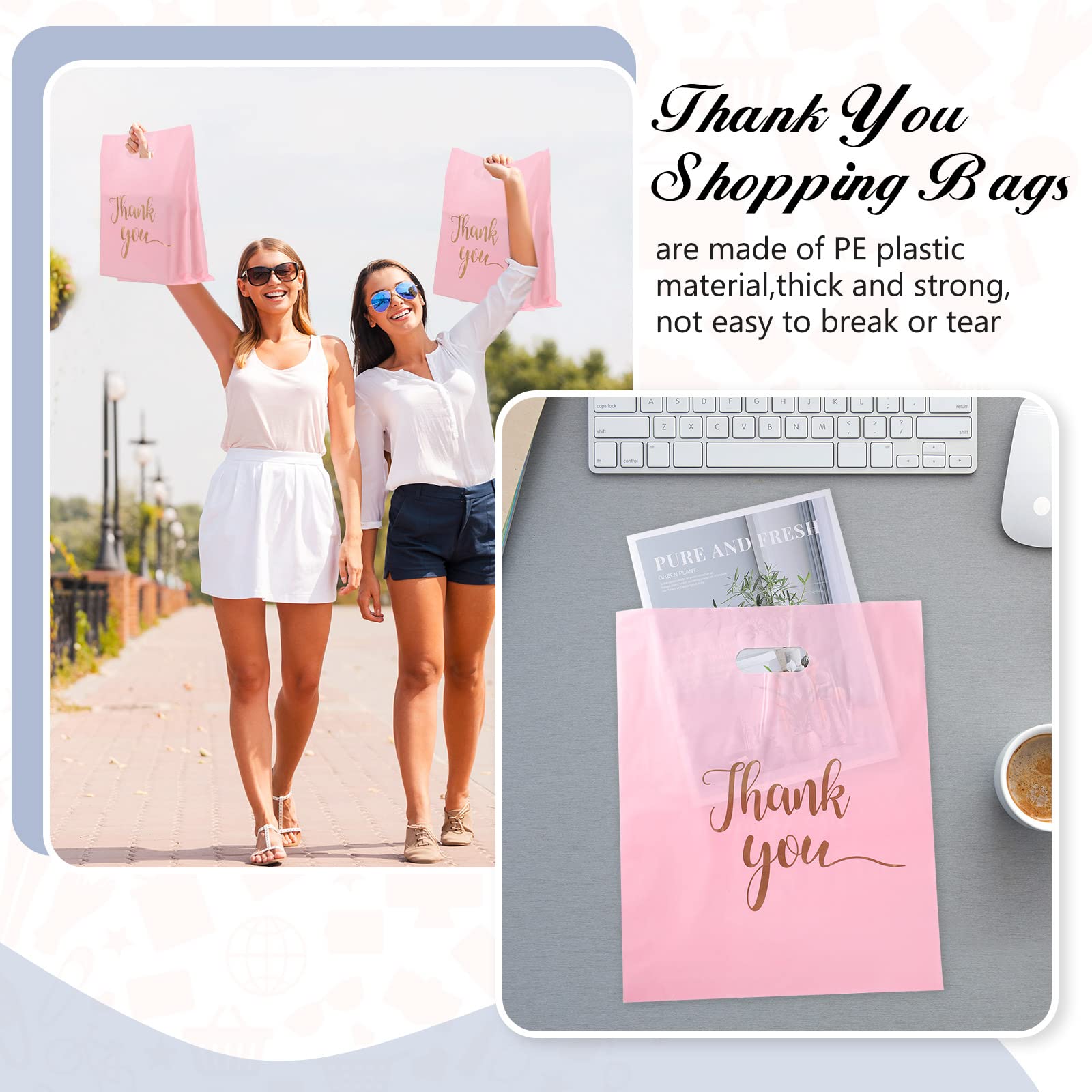 200 Pieces Plastic Thank You Bags Plastic Shopping Bags for Small Business Pink Gift Bags with Handles Merchandise Bags with Gold Thank You Logo for Party Stores Business Gift Supplies (12 x 15 Inch)