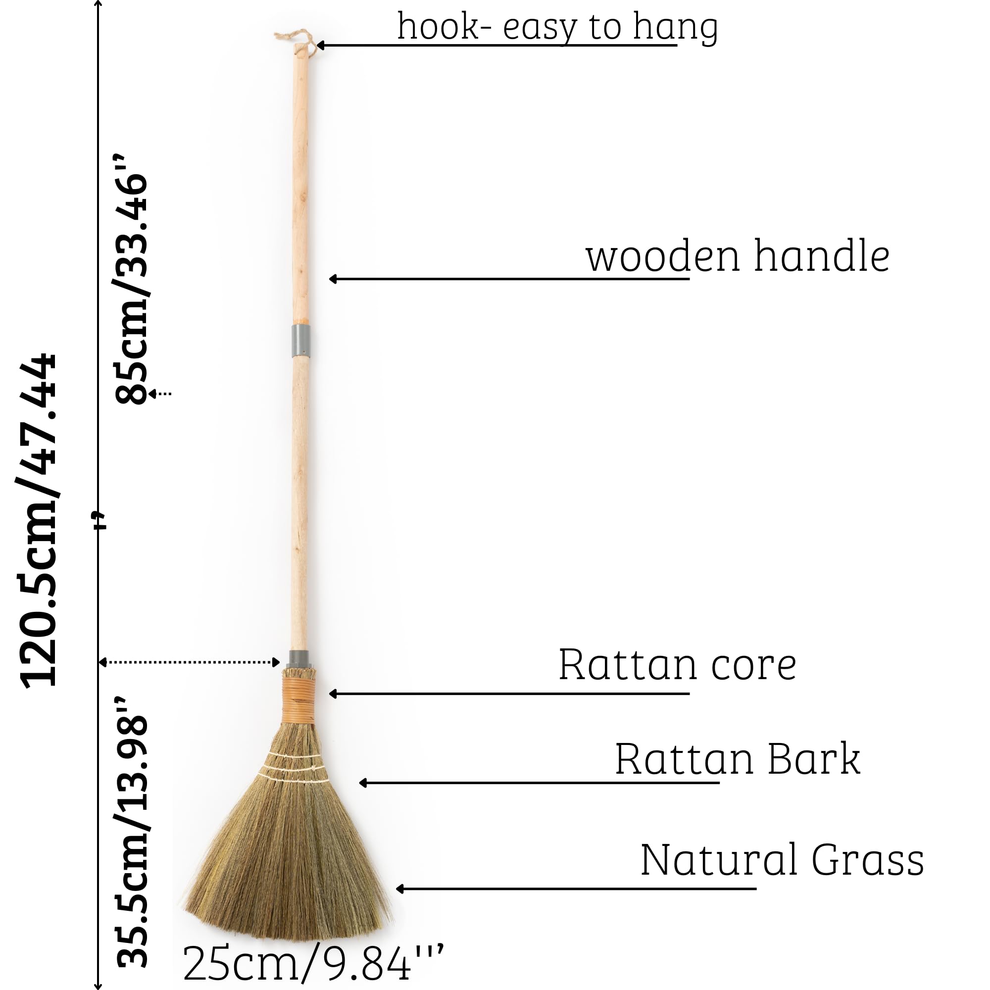 BMart Home Vietnamese Broom Long Handle, Indoor and Outdoor Broom to Sweep & Clean Floors, Sturdy Wooden Handle for Strength & Durability, Decoration Idea, Wedding Broom - 9.84'' Width, 47.44" Length