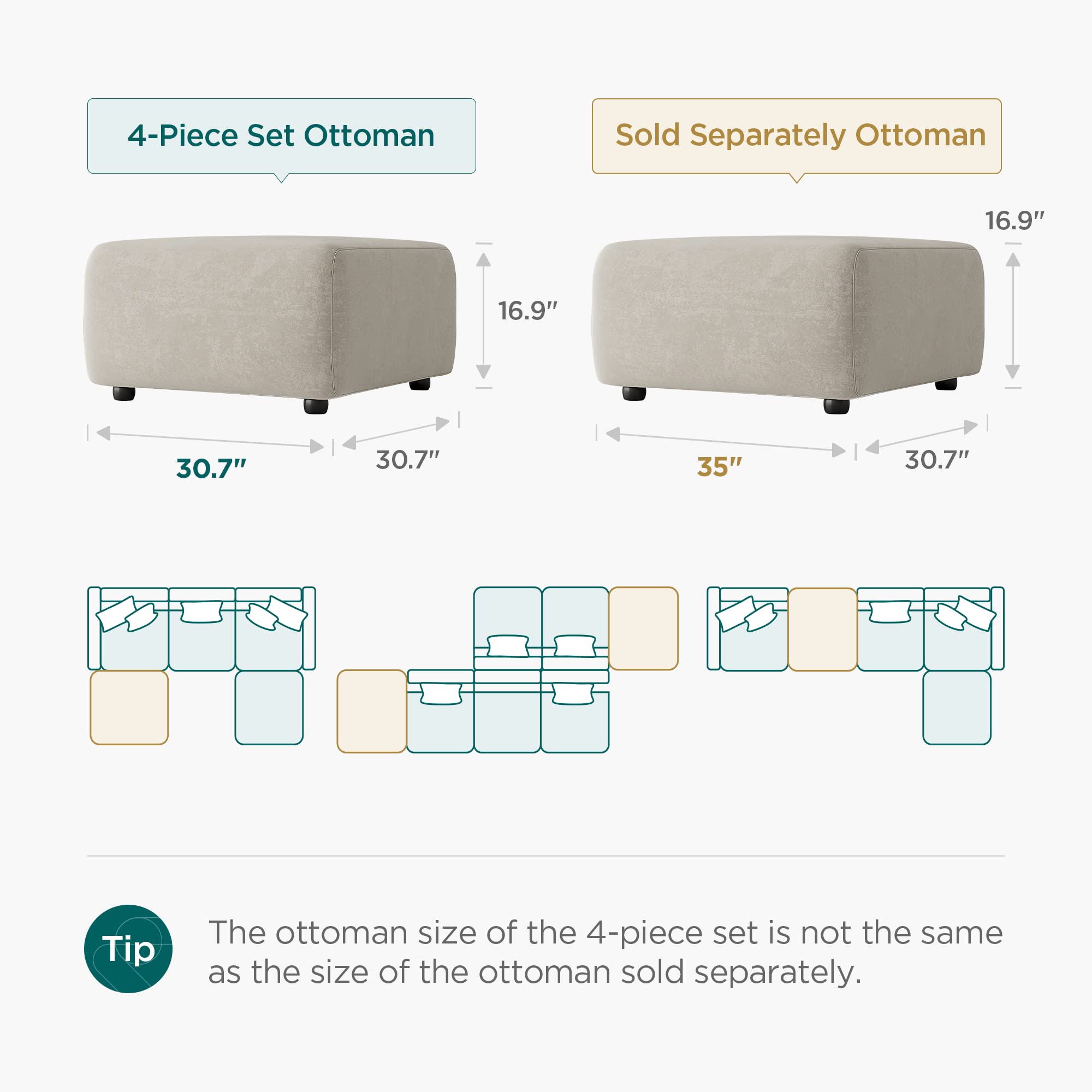 Acanva Luxury L-Shaped Upholstery Convertible Modular Sectional Sofa, Contemporary Reversible Couch with Chaise Lounge for Living Room, Apartment, 1-Seater, Beige Ottoman