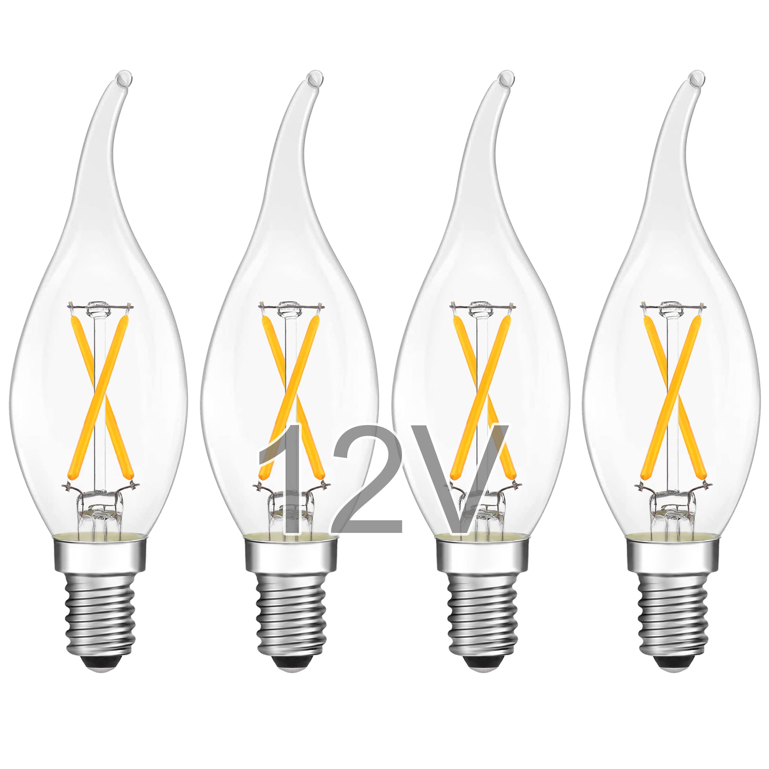 12V E12 LED Candelabra Light Bulbs - Soft Warm 2700K 2W (Only for 12 Volt DC/AC)- Small Candle Base - 25W Equivalent Low Voltage Flame Tip LED Bulb for RV, Backyard Shed - 4 Pack