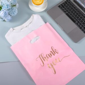 200 Pieces Plastic Thank You Bags Plastic Shopping Bags for Small Business Pink Gift Bags with Handles Merchandise Bags with Gold Thank You Logo for Party Stores Business Gift Supplies (12 x 15 Inch)