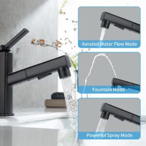 HANLIAN Single Hole Pull Out Faucet for Bathroom Sink, Black Sink Faucet Bathroom, One Handle Modern Bathroom Faucet with Pull Down Sprayer, 3 Modes Bathroom Pull Out Faucet with Rotating Spout