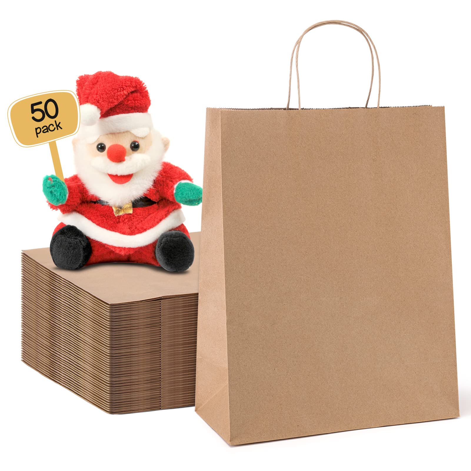 METRONIC Paper Gift Bags 10x5x13 50Pcs, Brown Kraft Paper Bags Medium Size with Handles, Gift Wrap Bags for Business, Heavy Duty Bulk Paper Shopping Bags for Clothing, Retail, Merchandise