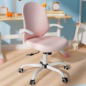 kids desk chair with arms and wheels, pink ergonomic leather comfy office chair with flipping armrests, study chair for girls and boys, small and cute adjustable height computer desk chair