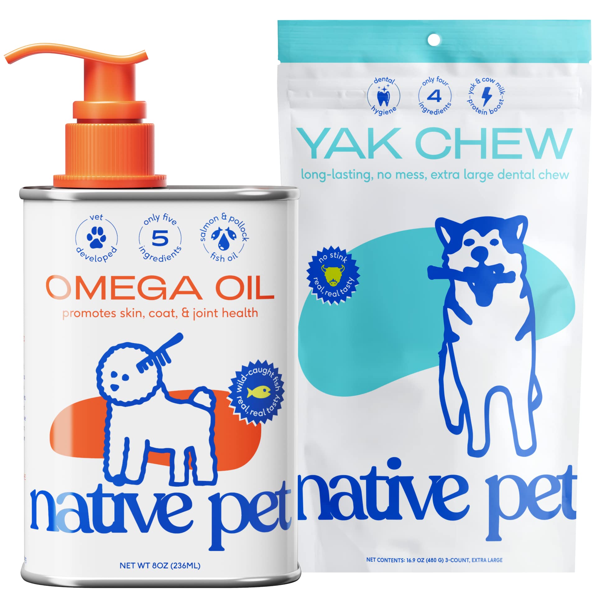 Native Pet Omega Oil for Dogs - Dog Fish Oil Supplements & Yak Chews for Dogs | Pasture-Raised and Organic Yak Cheese Himalayan Churpi Chews | 8 Oz. & 3 XL Yak Chews