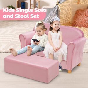 INFANS Kids Sofa with Ottoman, 2 Seat Toddler Upholstered Couch, Children Armrest Chair Lounge for Nursery Kindergarten Kids Room Boys Girls, Sturdy Wood Construction Velvet Surface (Pink, 2 Seats)