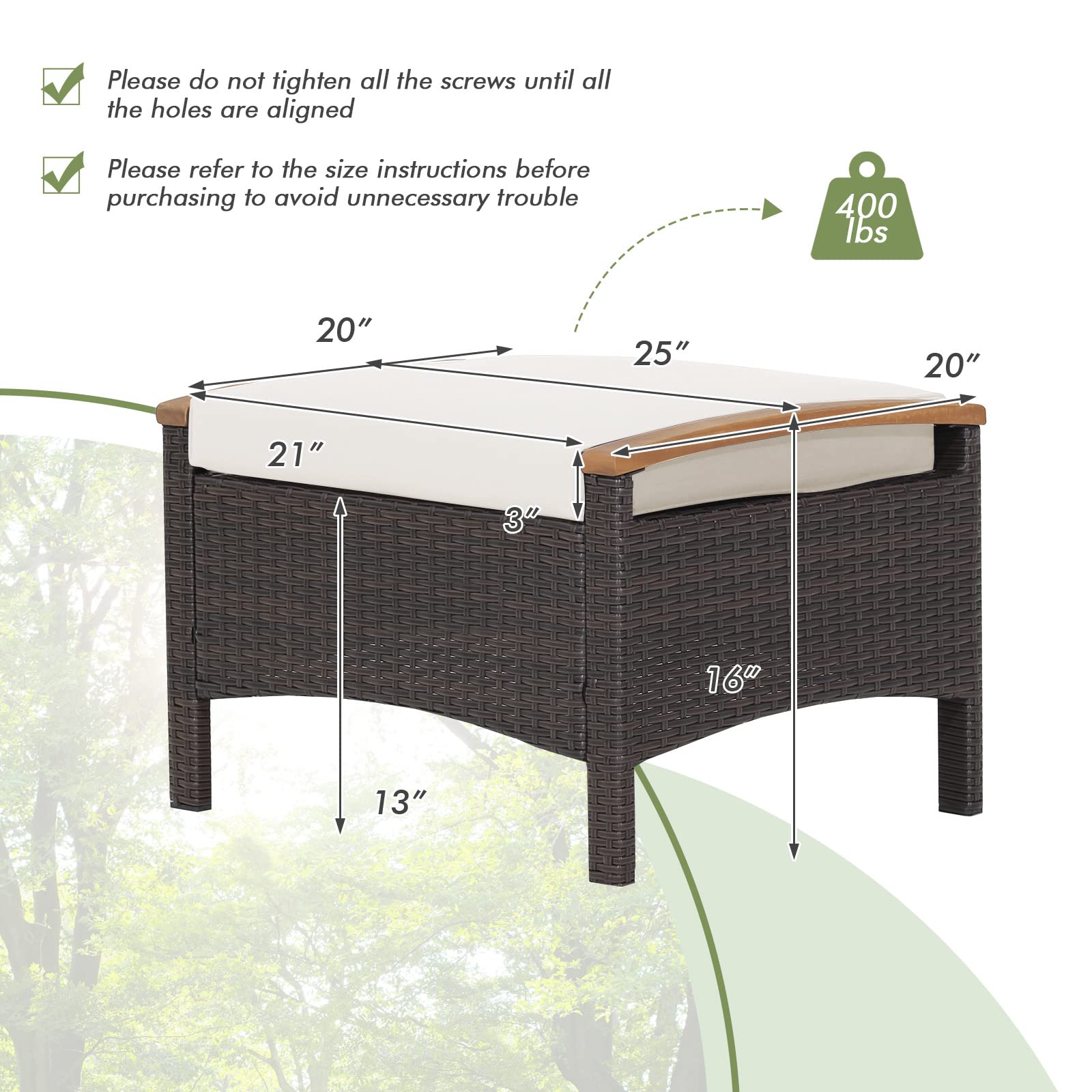 HAPPYGRILL Set of 2 Outdoor Patio Ottoman PE Rattan Wicker Ottomans with Removable Cushions and Solid Acacia Wood Handle Outdoor Footstool Footrest Set Seats and Side Table Set