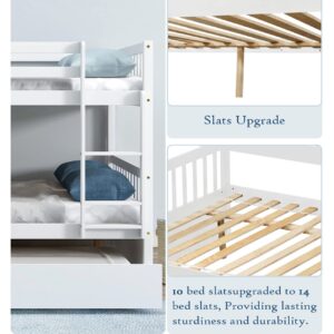 Tatub Full Over Full Bunk Bed with Trundle, Pine Wood Frame, Ladder and Guard Rails, Solid Bunk Bed with Trundle for Kids, Teens, Adults, No Box Spring Needed, Grey