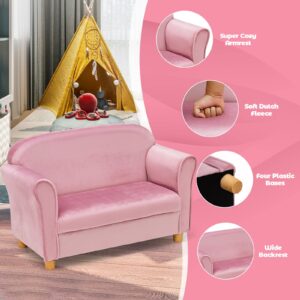 INFANS Kids Sofa with Ottoman, 2 Seat Toddler Upholstered Couch, Children Armrest Chair Lounge for Nursery Kindergarten Kids Room Boys Girls, Sturdy Wood Construction Velvet Surface (Pink, 2 Seats)