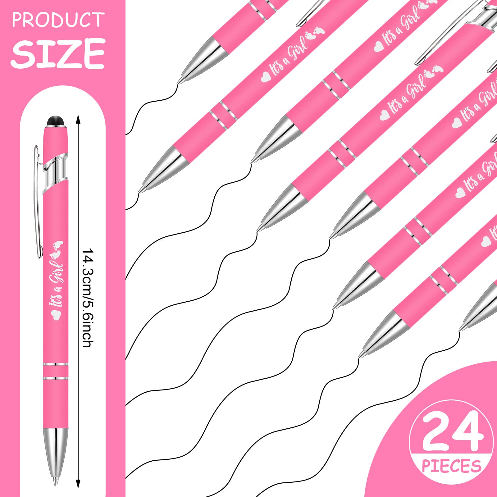 24 Pcs Baby Shower Rose Red Blue Pens It's a Boy/Girl Ballpoint Baby Shower Pens with Stylus Tip Black Ink Retractable Baby Shower Gel Ink Pens for Baby Shower Games Favors Decors (Rose Red, Girl)