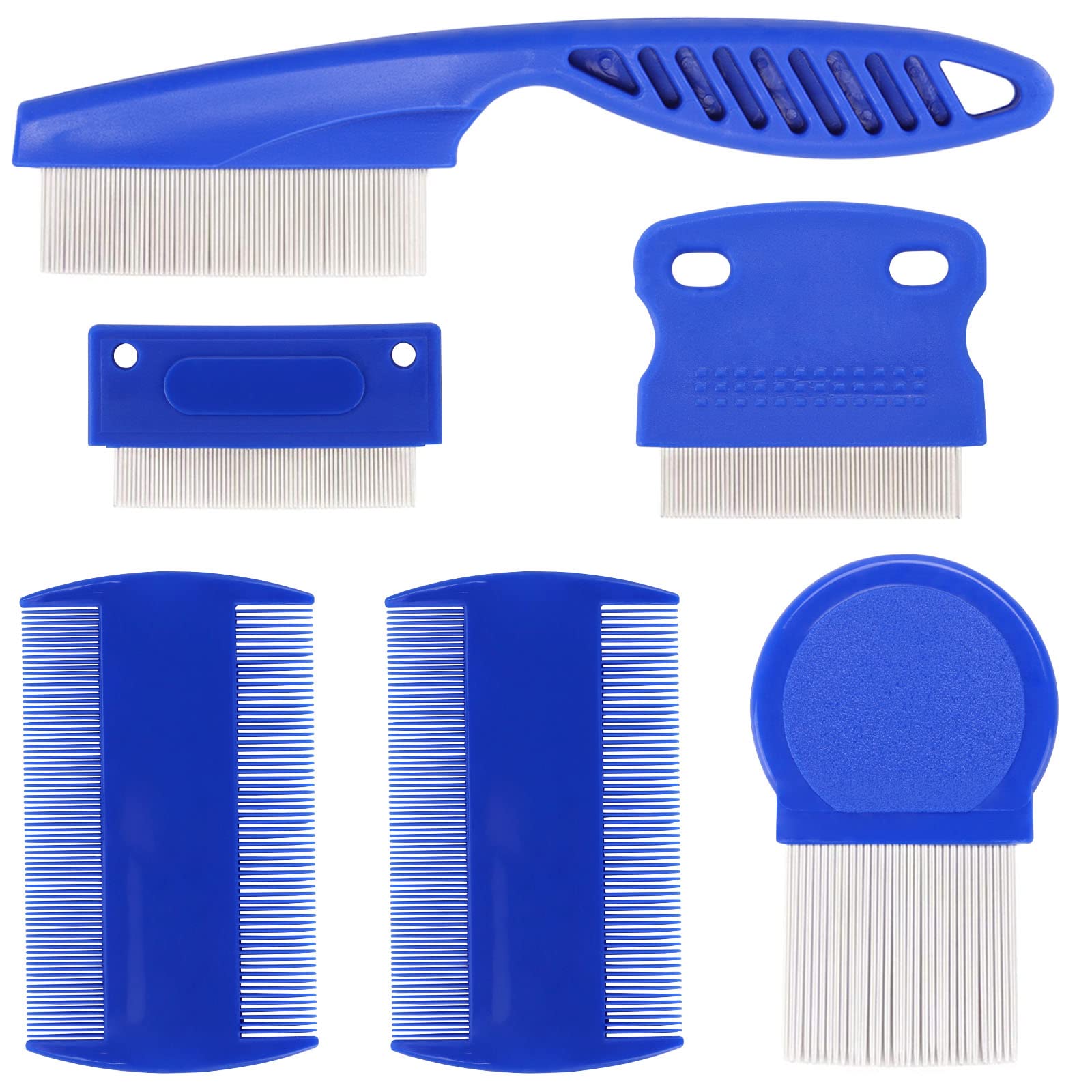 6 Pack Flea Lice Comb for Dogs Cats, Pet Tear Stain Remover Grooming Comb with Rounded Metal Teeth for Small, Medium & Large Pets, Blue