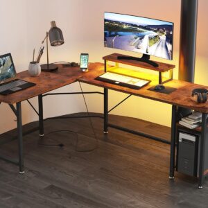 SZXKT L Shaped Gaming Desk with Power Outlets and Monitor Stand, Computer Desk with LED Lights,Home Office Desks Large Writing Study Table Workstation with Hooks Desk for Bedroom, Rustic Brown