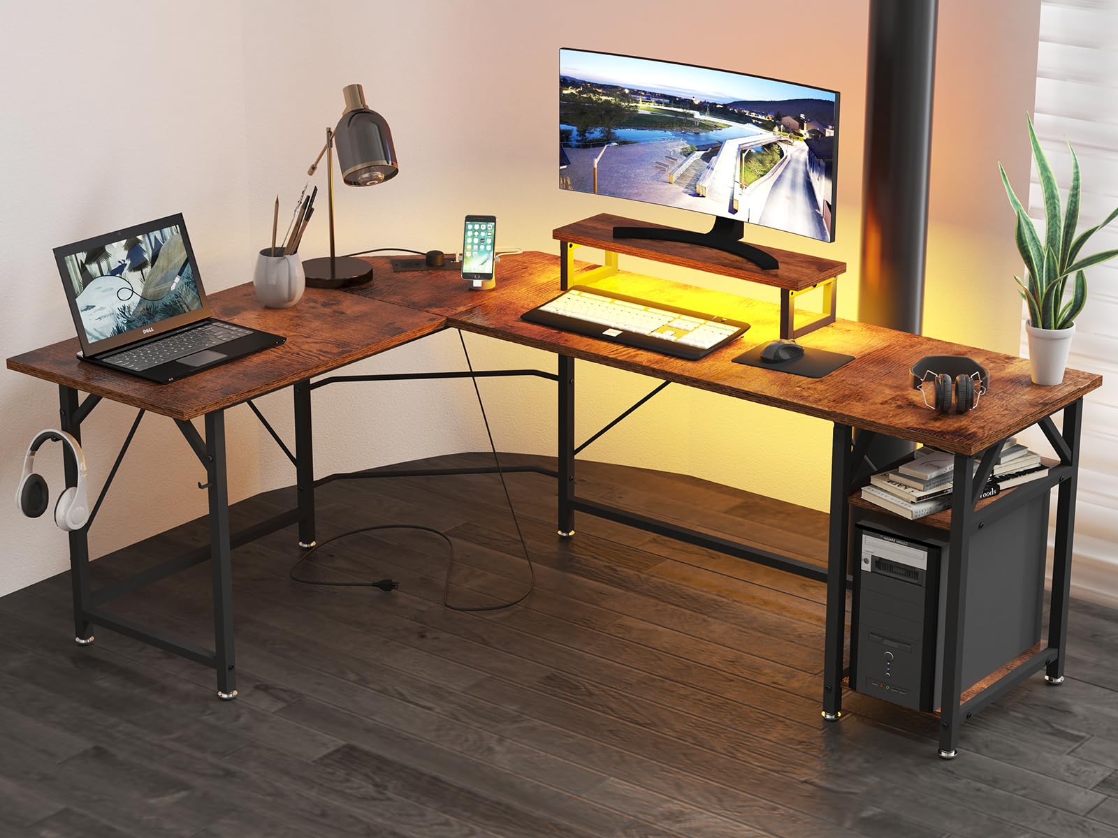 SZXKT L Shaped Gaming Desk with Power Outlets and Monitor Stand, Computer Desk with LED Lights,Home Office Desks Large Writing Study Table Workstation with Hooks Desk for Bedroom, Rustic Brown