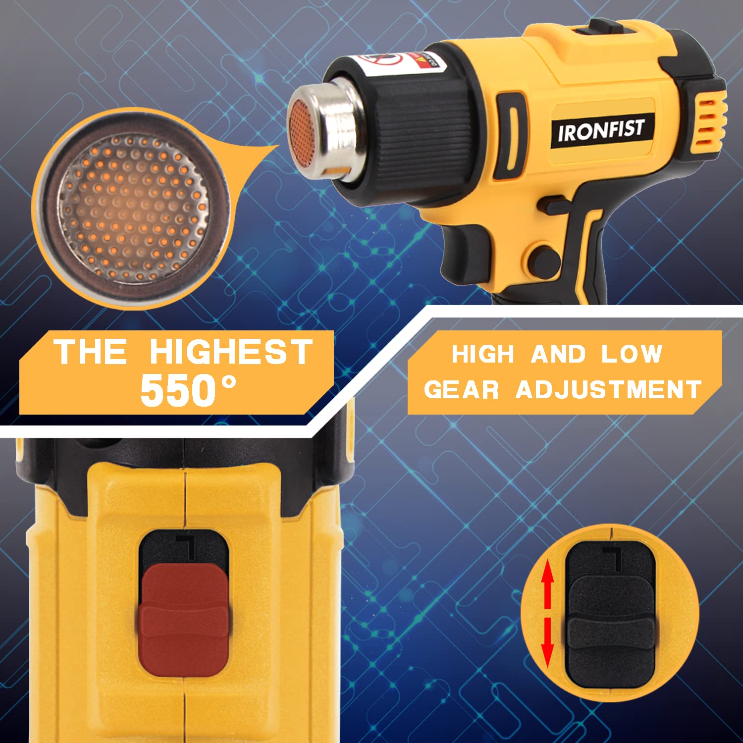 IRONFIST Heat Gun Cordless Lithium 20V Hot Air Gun 2-Temp Setting Max 1022°F(550°C) Heat Gun for Crafts, Shrink Tubing, Resin & Decorating Compatible with DEWALT Battery (Tool Only, NO Battery)