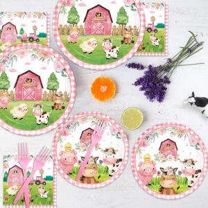 96PCS Farm Animals Party Supplies Tableware Set Farm Birthday Party Barn Animal Theme Party Cute Pink Animal Baby Shower Dessert Plate Dinner Plate Paper Napkins Forks Dinnerware for 24 Guests