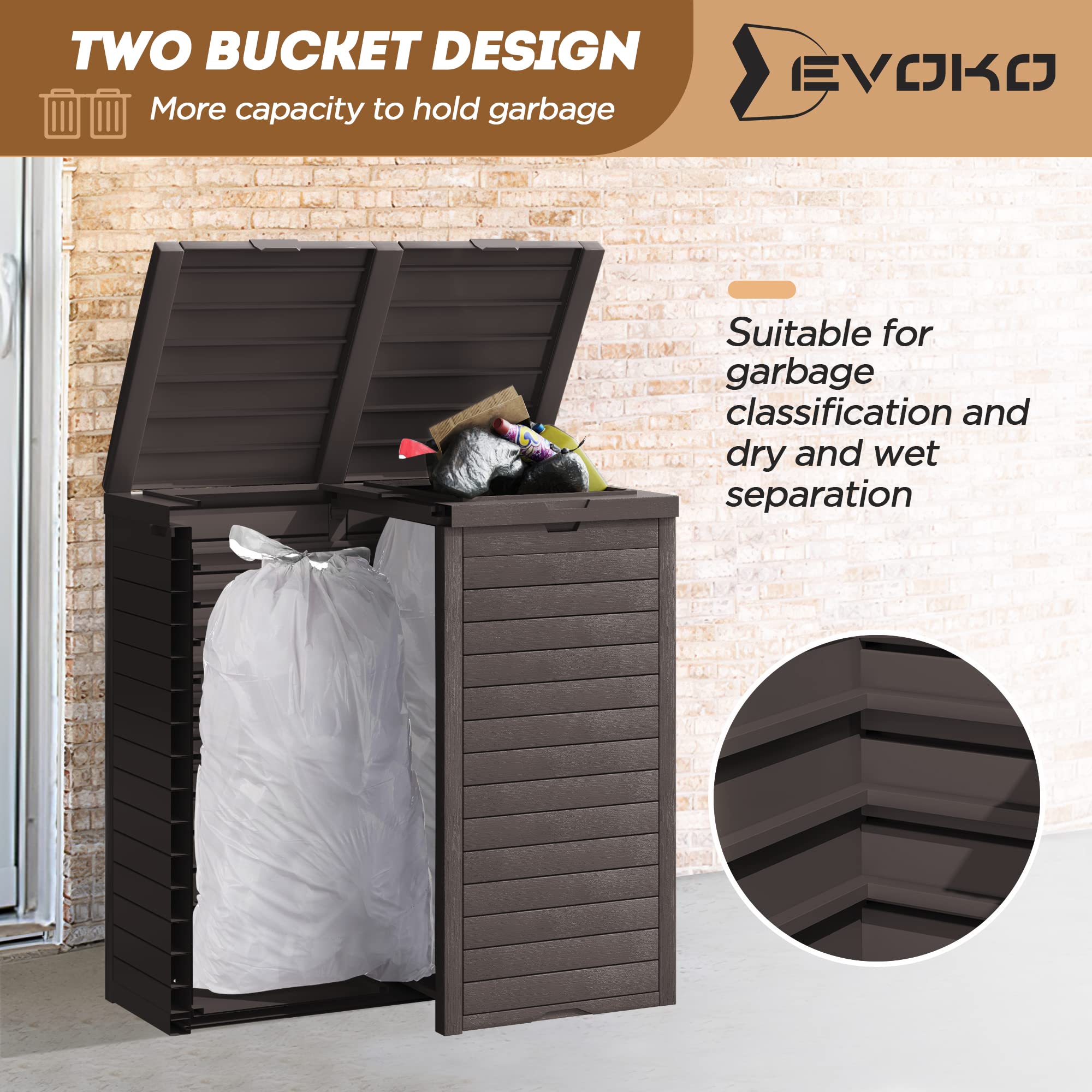 Devoko 78 Gallon Resin Trash Can Outdoor Double Waste Bin Trash with Drip Tray Armrest for Garage Two Trash Bags for Patio Hideaway Kitchens