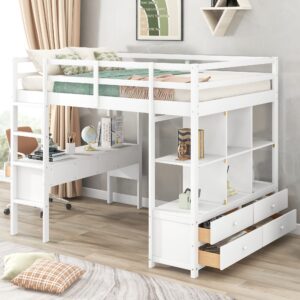 Full Loft Bed with Desk and Storage Cabinet, Wood Full Size Loft Beds Frame with Bookcase and Shelves, Modern Full Loft Bed for Kids Teens Adults Boys Girls (Loft Bed Full Size, White)