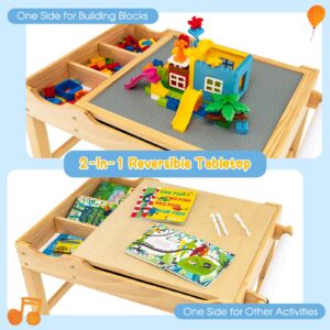 Costzon Kids Table, 3 in 1 Wood Building Block Desk w/Storage, Paper Roll, Reversible Tabletop for Toddler Arts, Crafts, Drawing, Reading, Playing, Gift for Boys Girls, Activity Table (Natural)