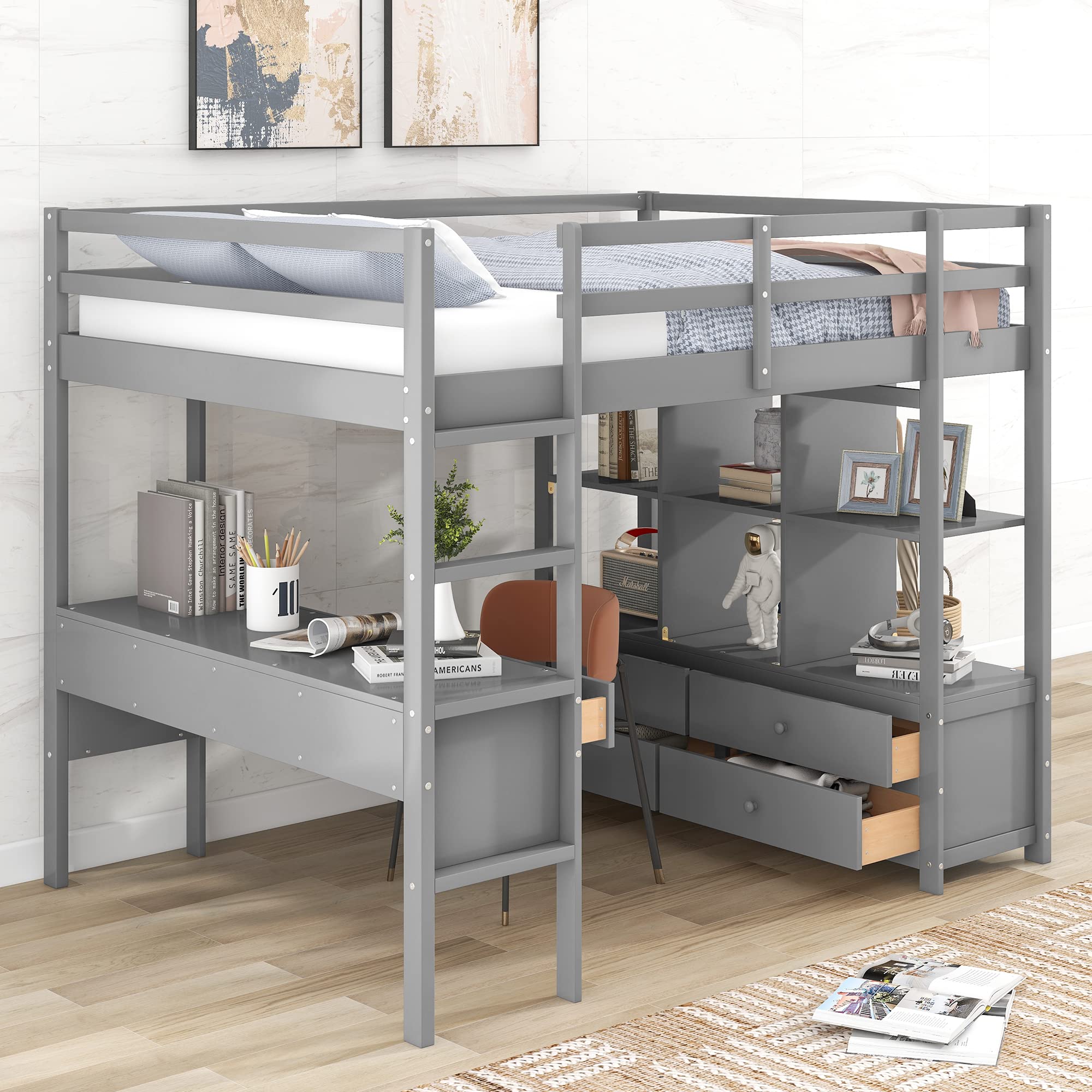 Bellemave Full Loft Bed with Desk and Storage Drawers Wood Beds Frame Bookcase Shelves for Dorm Bedroom Size Bunk Kids Adults Boys Girls Teens, Gray