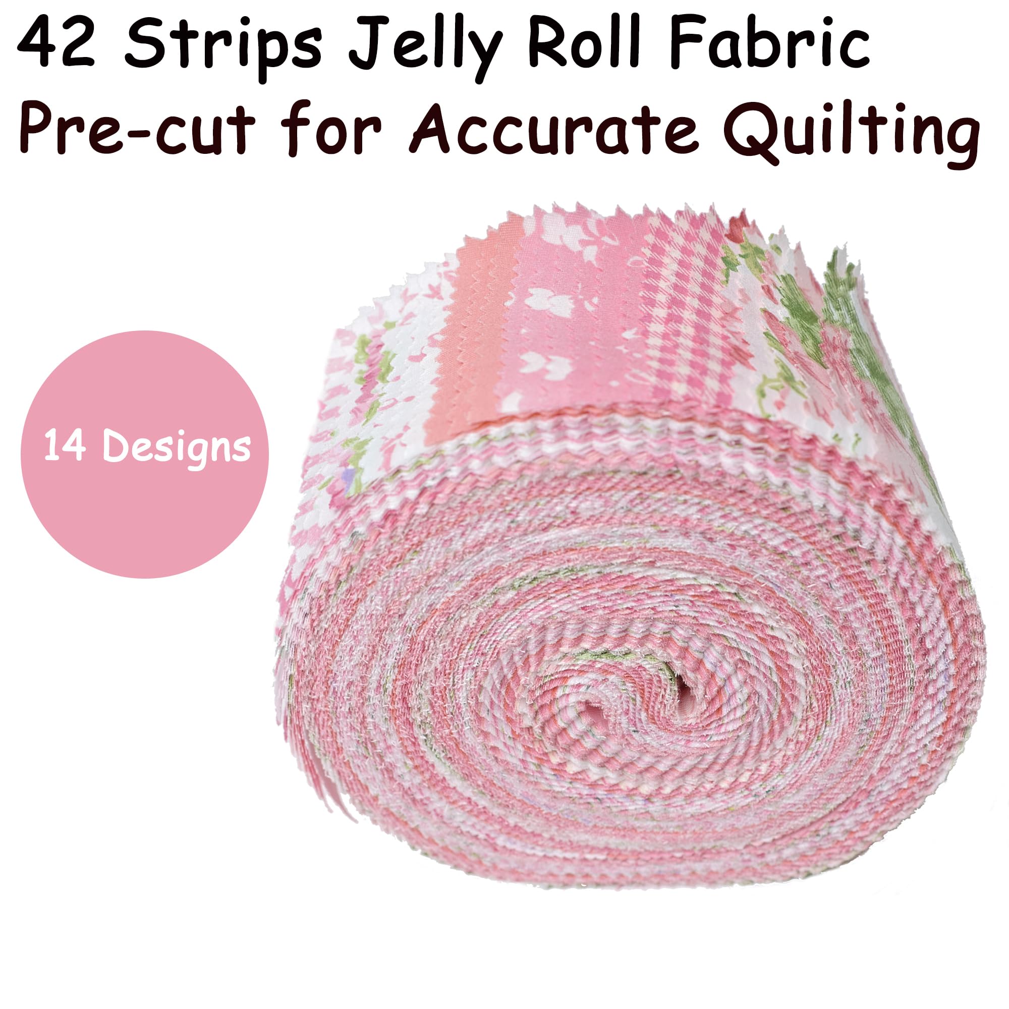 Nodsaw Jelly Roll Fabric Strips for Quilting, Crafting, and Sewing, 42 Strip Assorted Bundle, Soft Cotton for Blanket, Rug, Upholstery, Home Decor, and Purse Making, Pink