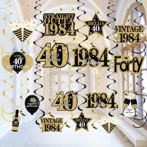 turypaty 40th birthday decorations hanging swirls for men women, black gold vintage 1984 40th birthday foil swirls party supplies, forty year old birthday ceiling hanging decorations