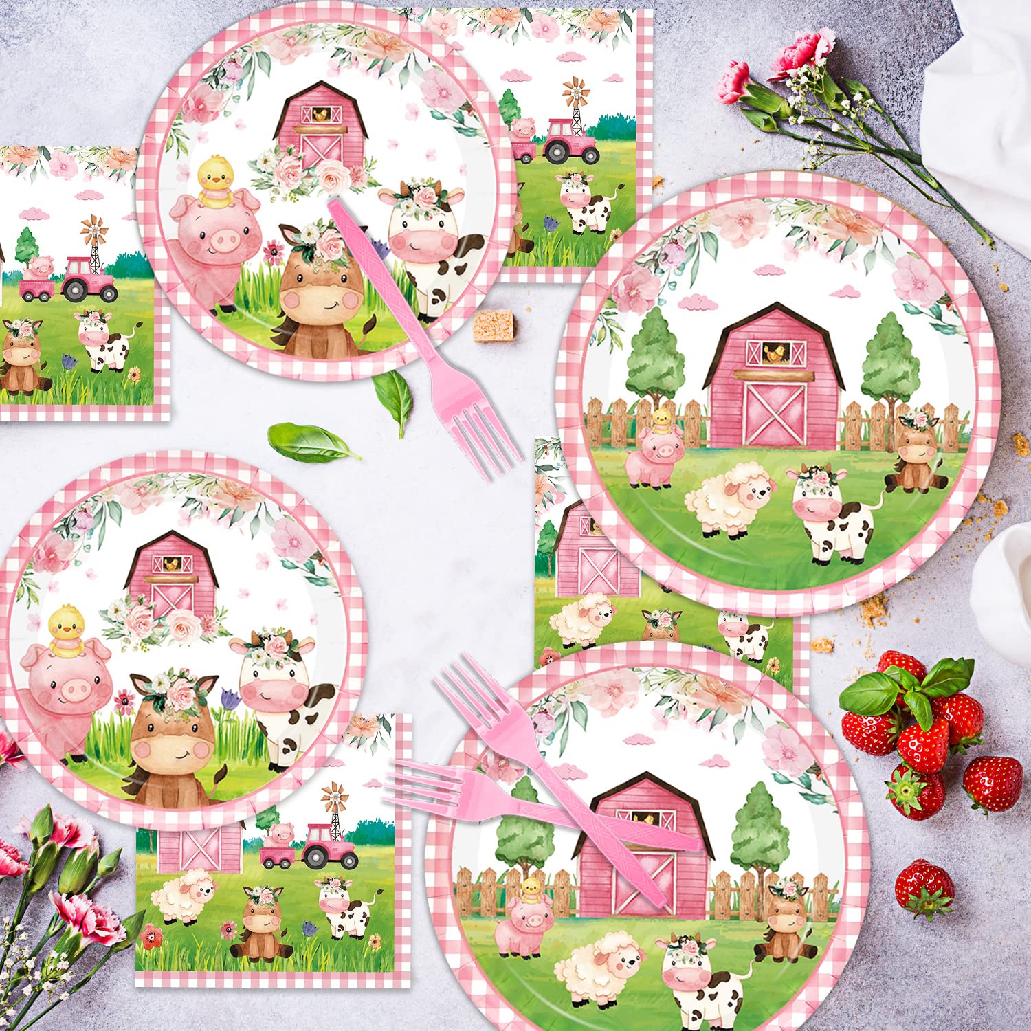 96PCS Farm Animals Party Supplies Tableware Set Farm Birthday Party Barn Animal Theme Party Cute Pink Animal Baby Shower Dessert Plate Dinner Plate Paper Napkins Forks Dinnerware for 24 Guests