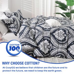 CozyQQ Cotton Duvet Cover King - 100% Cotton 400TC Winter Navy Blue Floral Damask Paisley King Duvet Cover Set, 3 PCS, 1 King Duvet Cover with Zipper & 2 Pillow Shams (104x90, No Comforter)