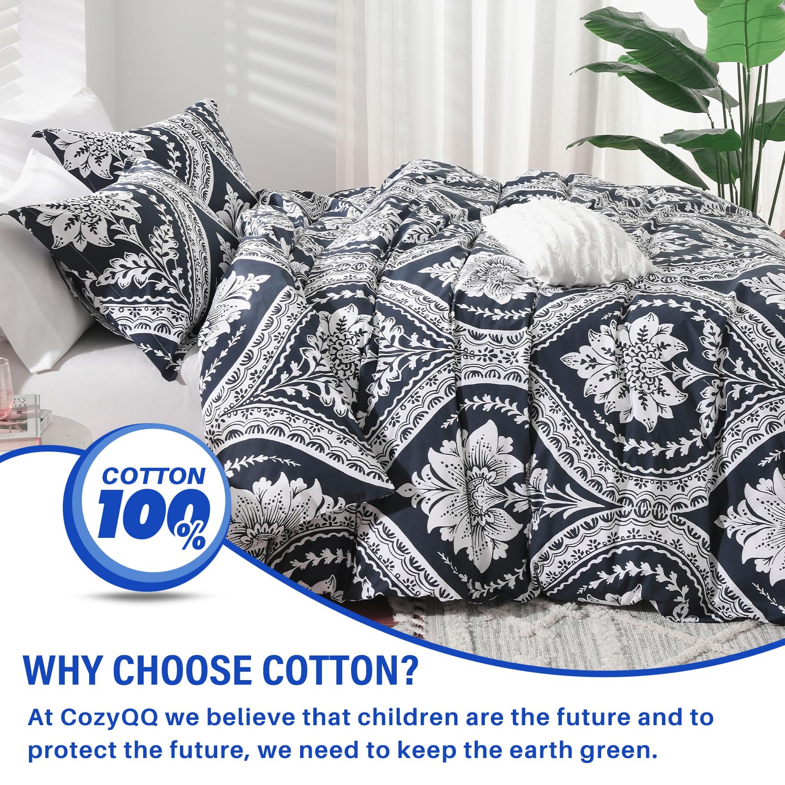 CozyQQ Cotton Duvet Cover King - 100% Cotton 400TC Winter Navy Blue Floral Damask Paisley King Duvet Cover Set, 3 PCS, 1 King Duvet Cover with Zipper & 2 Pillow Shams (104x90, No Comforter)