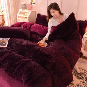 AETVRNI Luxury Plush Shaggy Faux Fur Duvet Cover Set, Super Soft 4 Pieces Dark red Fluffy Comforter Cover Set, Bedding Set(1 Plush Furry Duvet Cover+ 1 Flat Sheet+ 2 Pillow Shams),2,King