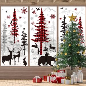 Whaline Christmas Wall Stickers Roll Red Black Plaid Xmas Tree Wall Floor Decor Forests Animals Prints Waterproof Art Wallpaper Winter Scenes Double Side Window Decals for Xmas DIY Home Party Decor