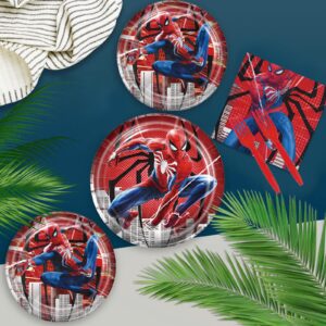 Spider Birthday Decorations, Superhero Spider Party Supplis include Plates Napkins Tablecloth Hanging Swirls Garland for Banner, Kids Birthday Party Supplies