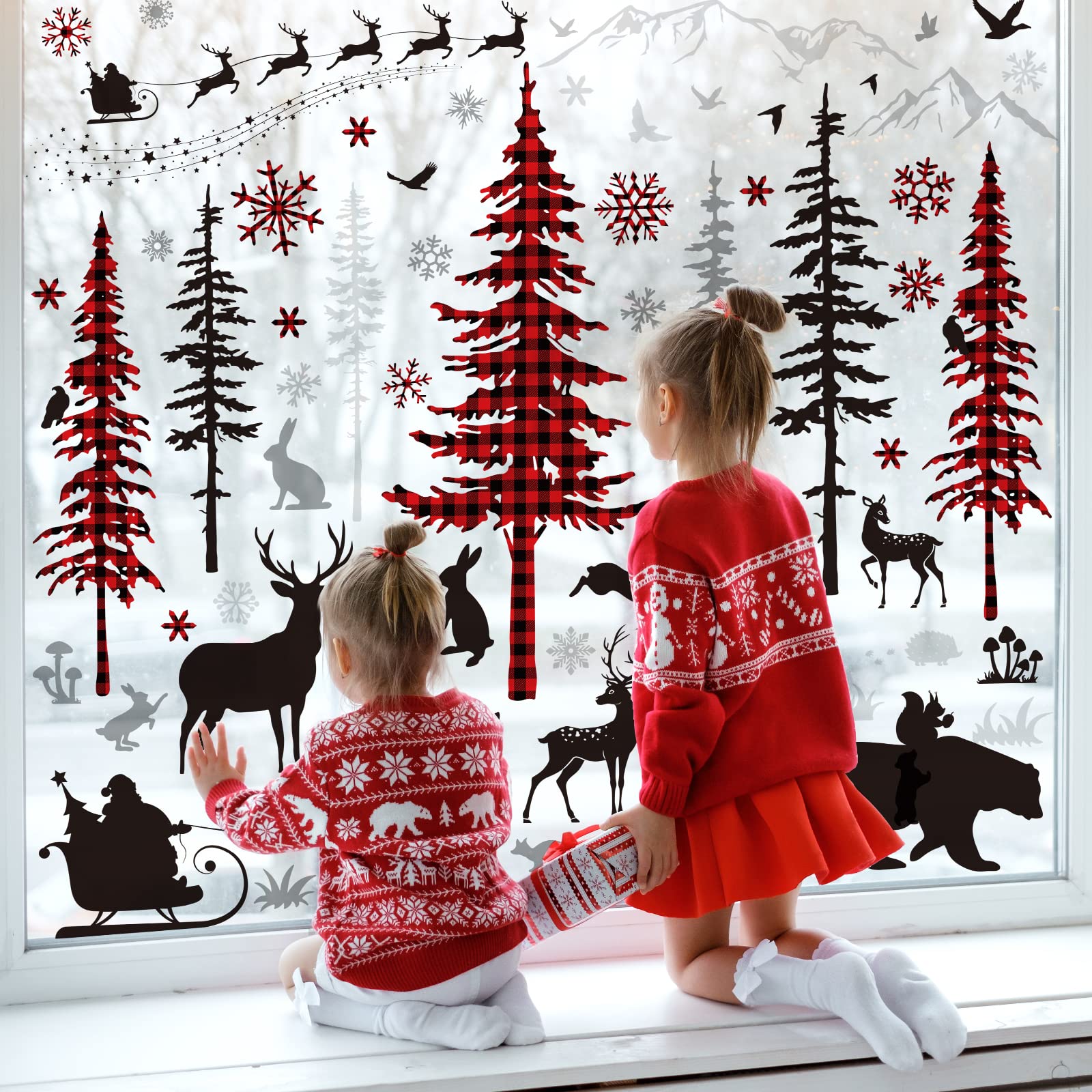 Whaline Christmas Wall Stickers Roll Red Black Plaid Xmas Tree Wall Floor Decor Forests Animals Prints Waterproof Art Wallpaper Winter Scenes Double Side Window Decals for Xmas DIY Home Party Decor