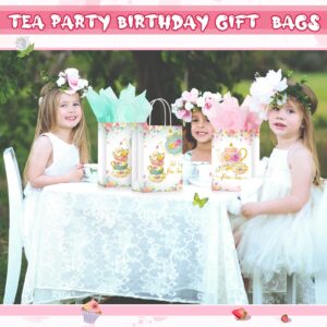 16 Pcs Tea Party Gift Bags with Tissue Paper Pink and Green Tea Party Goodie Treat Bags Spring Themed Bags Tea Baby Girl Paper Bags Floral Tea Party Supplies for Girl Kid Birthday Baby Shower Party