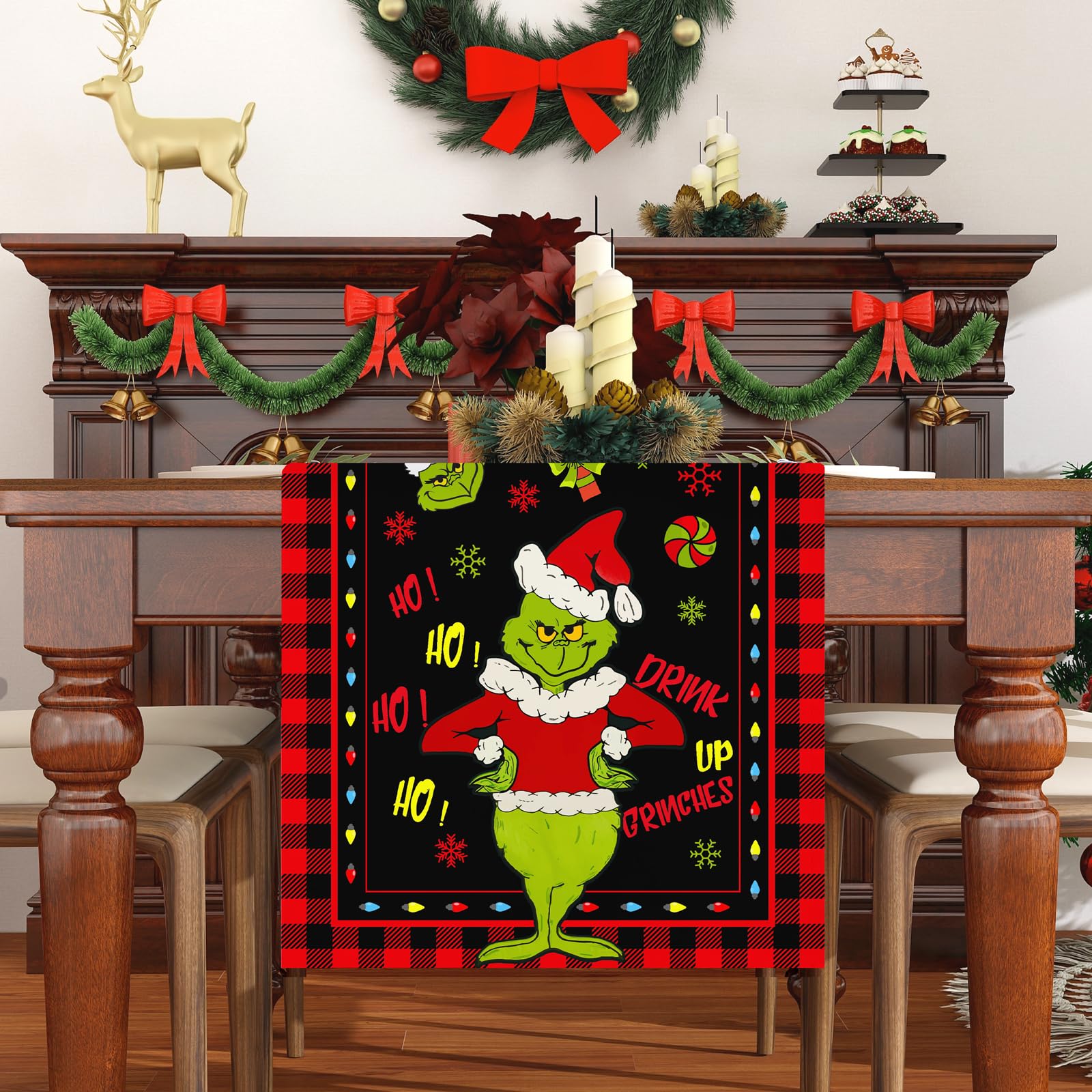 Linen Red Christmas Table Runner Merry Christmas Tablecloth Christmas Xmas Buffalo Plaid Check Winter Holiday Home Kitchen Dining Room 13x72 Inch