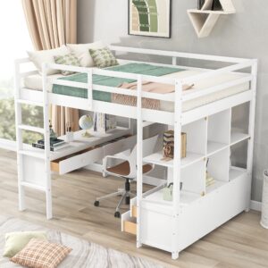 Full Loft Bed with Desk and Storage Cabinet, Wood Full Size Loft Beds Frame with Bookcase and Shelves, Modern Full Loft Bed for Kids Teens Adults Boys Girls (Loft Bed Full Size, White)