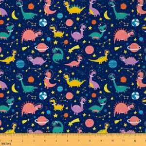 dinosaur upholstery fabric, kids cartoon animals fabric by the yard, star moon planet outer space decorative fabric, funny dino astronaut indoor fabric, diy waterproof fabric quilting,1 yard,blue