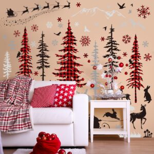 Whaline Christmas Wall Stickers Roll Red Black Plaid Xmas Tree Wall Floor Decor Forests Animals Prints Waterproof Art Wallpaper Winter Scenes Double Side Window Decals for Xmas DIY Home Party Decor