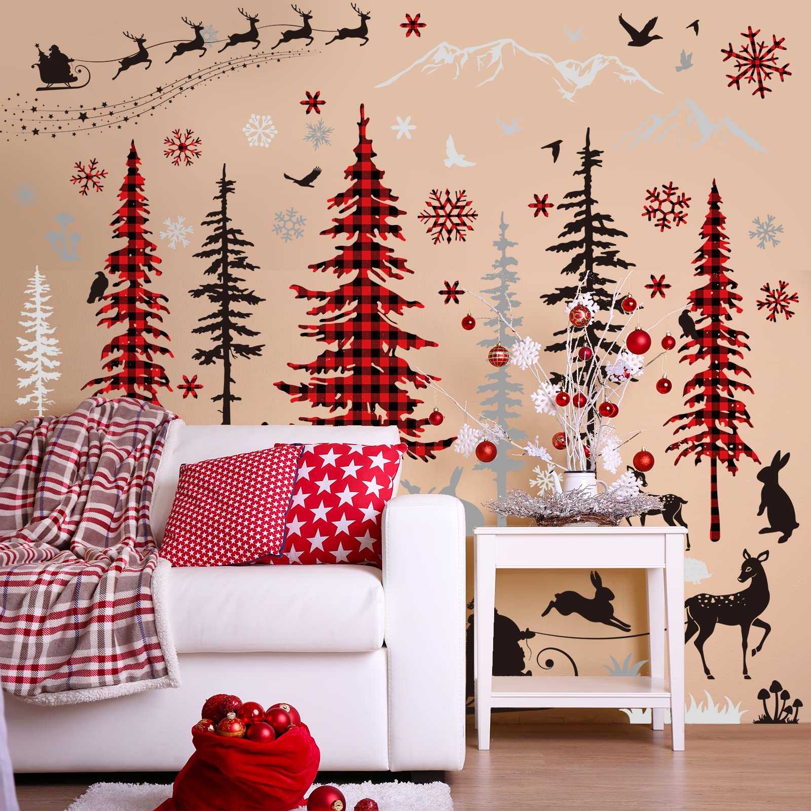 Whaline Christmas Wall Stickers Roll Red Black Plaid Xmas Tree Wall Floor Decor Forests Animals Prints Waterproof Art Wallpaper Winter Scenes Double Side Window Decals for Xmas DIY Home Party Decor