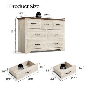 LINSY HOME 7 Drawer Double Dresser, SGS Certified Dresser for Bedroom, Farmhouse Dresser Chest with Wide Drawers, Wood Storage Chest of Drawers for Living Room