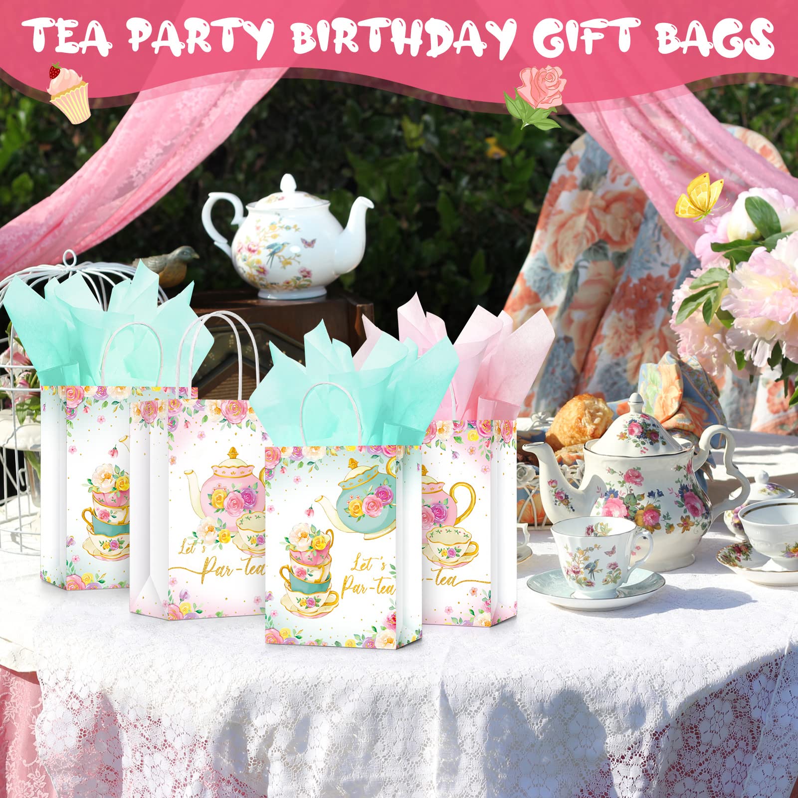 16 Pcs Tea Party Gift Bags with Tissue Paper Pink and Green Tea Party Goodie Treat Bags Spring Themed Bags Tea Baby Girl Paper Bags Floral Tea Party Supplies for Girl Kid Birthday Baby Shower Party