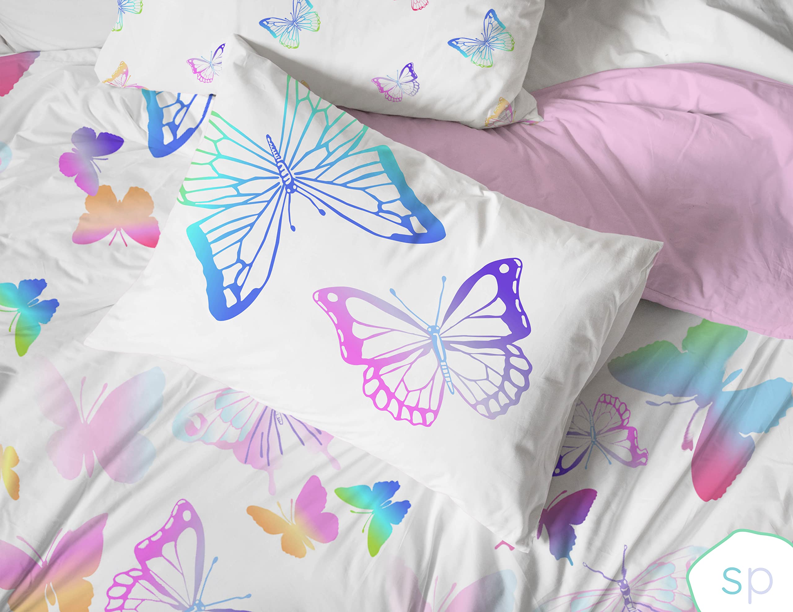 Saturday Park Ombre Butterflies Queen Bed Set - 7 Piece 100% Organic Cotton Bedding - GOTS & Oeko-TEX Certified