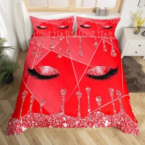 feelyou eyelash duvet cover eyes pattern design comforter cover glitter print (no glitter) red bedding set for adults modern simple lovely bedspread cover ultra soft quilt cover 3pcs queen size