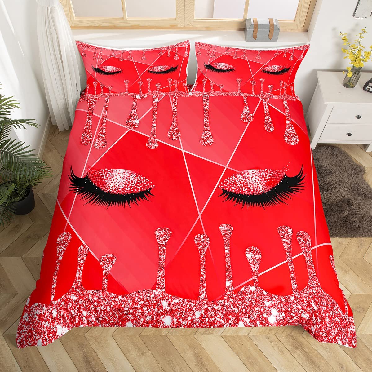 Feelyou Eyelash Duvet Cover Eyes Pattern Design Comforter Cover Glitter Print (No Glitter) Red Bedding Set for Adults Modern Simple Lovely Bedspread Cover Ultra Soft Quilt Cover 3Pcs Queen Size