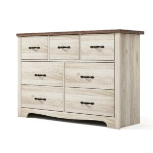 linsy home 7 drawer double dresser, sgs certified dresser for bedroom, farmhouse dresser chest with wide drawers, wood storage chest of drawers for living room